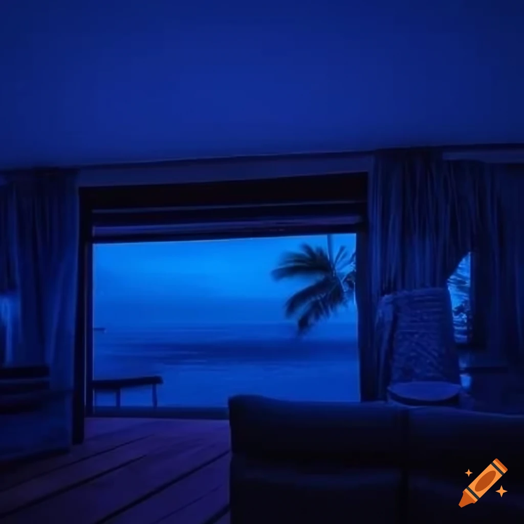 Beach scene from a living room at dusk with blue and purple lights in the background