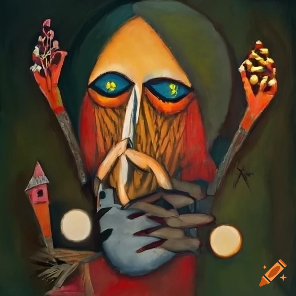 Artistic painting of Baba Yaga and her forest hut with combined styles of Yves Tanguy, Kazemir Malevich, and Wifredo Lam