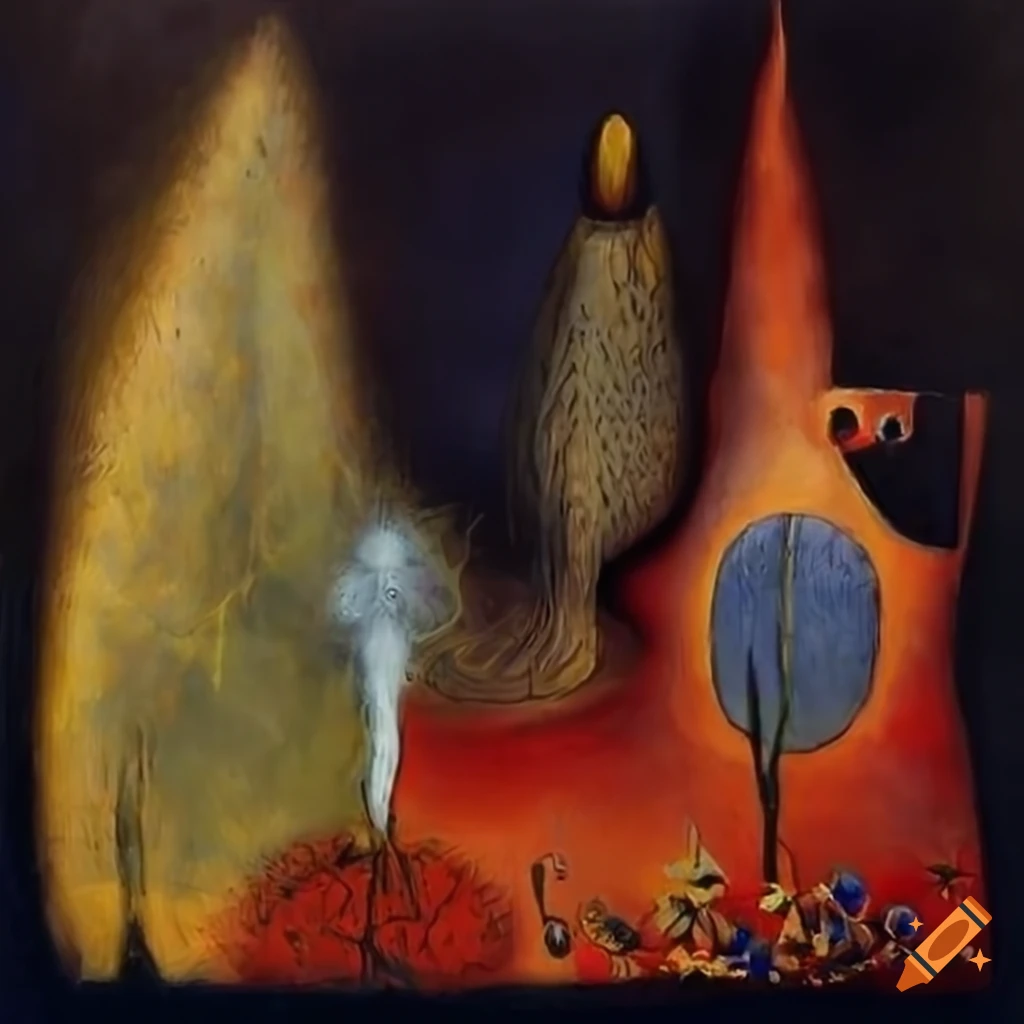 Artistic painting of Baba Yaga and her forest hut with combined styles of Yves Tanguy, Kazemir Malevich, and Wifredo Lam