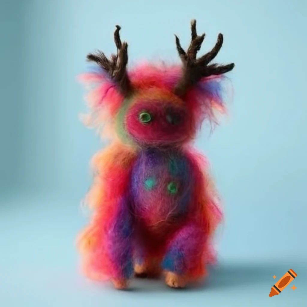 Colorful hairy forest creatures in fancy felted wool clothing on Craiyon
