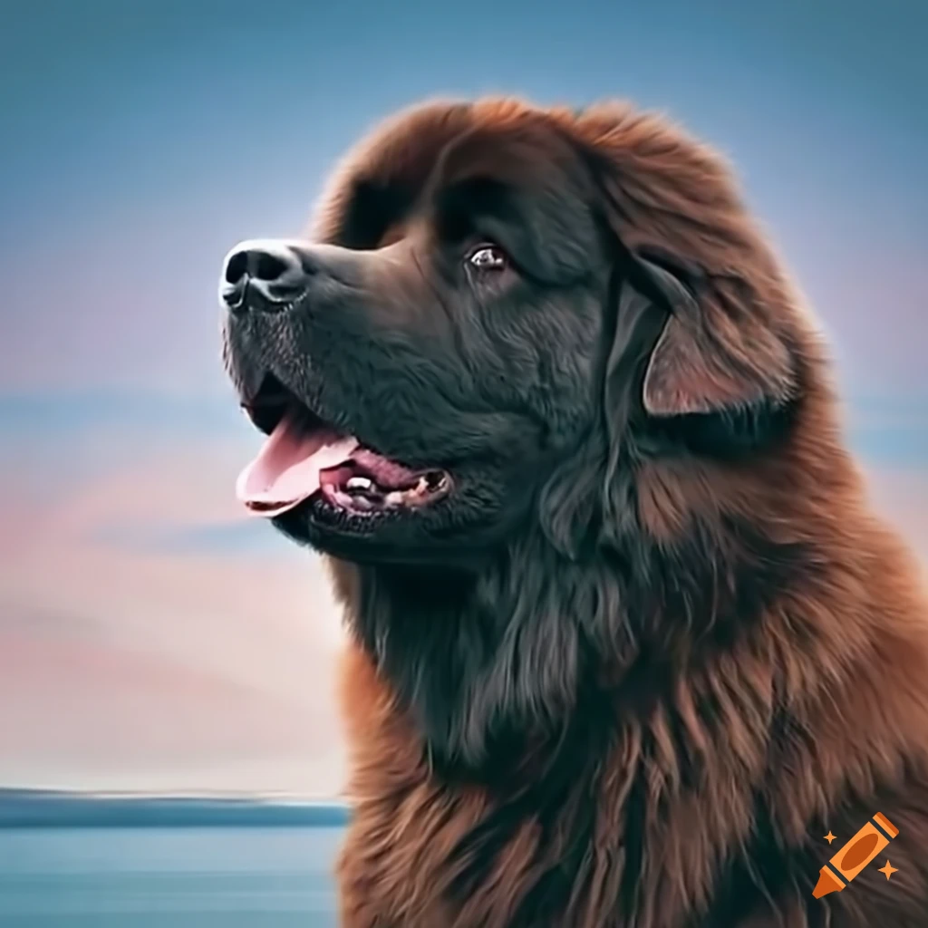 Newfoundland dog knocking over an engineer with a semi truck in the background