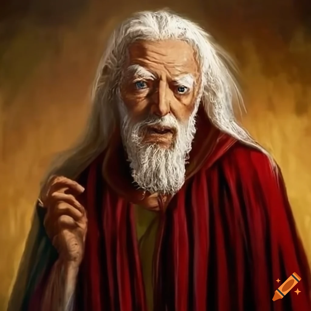 Painting of moses at 80 years old, tall and dignified with long white