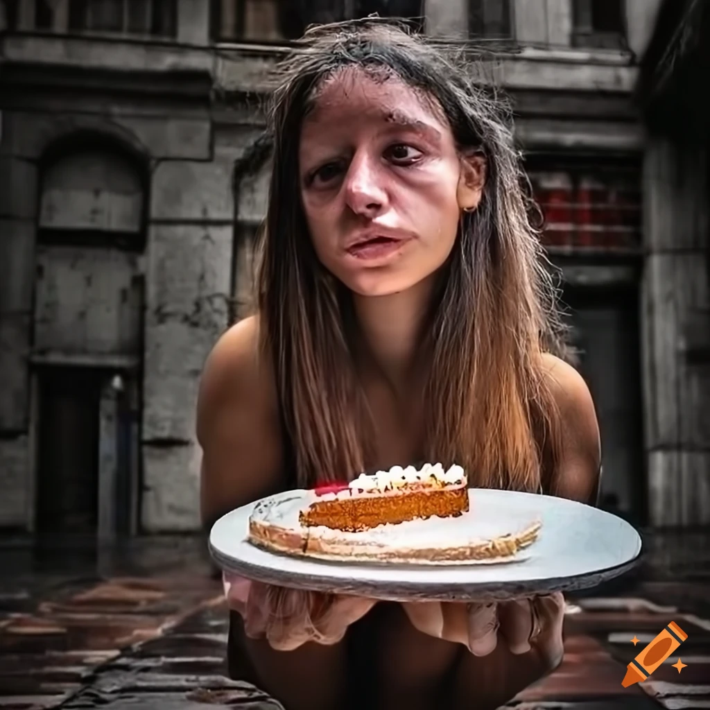 Portrait of a longhaired woman eating cake in the rainy streets of s\u00e3o paulo on Craiyon