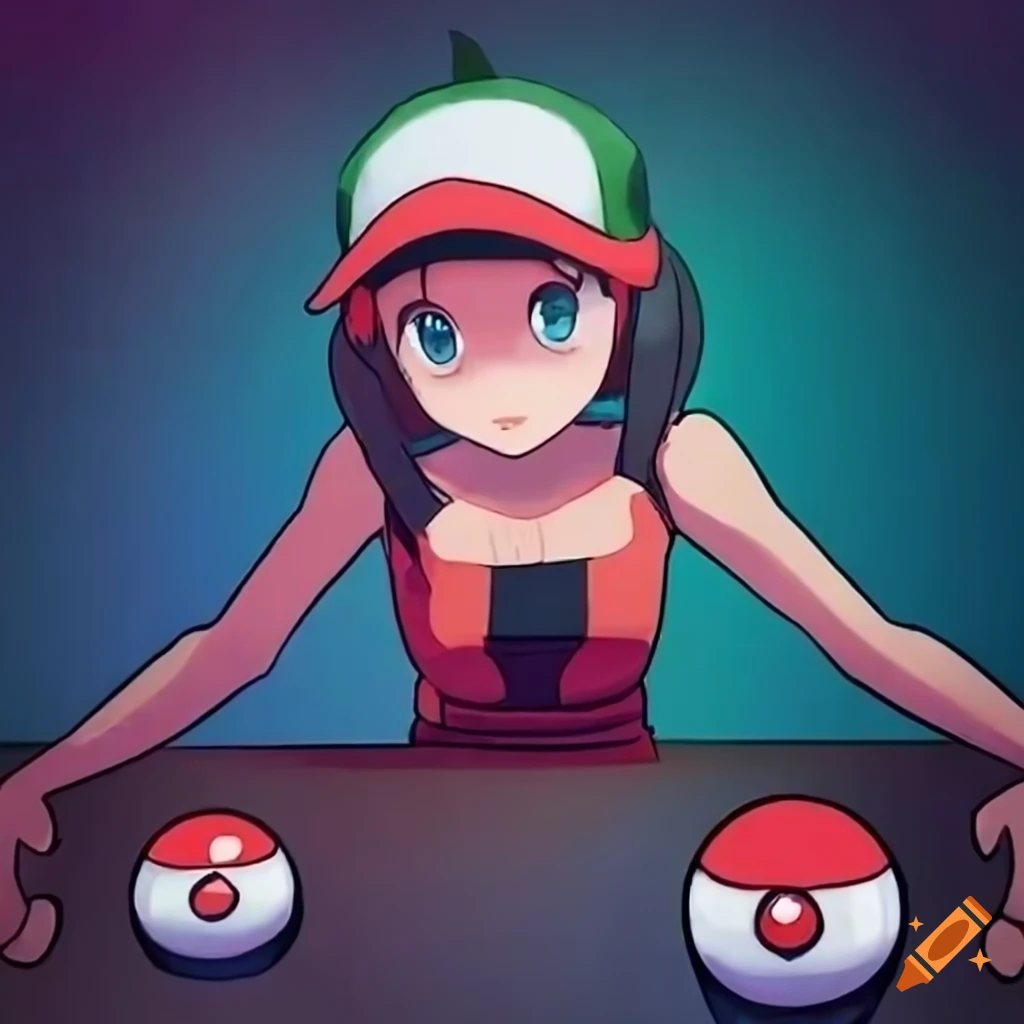Female hacker Pokémon trainer with Pokéballs at a table