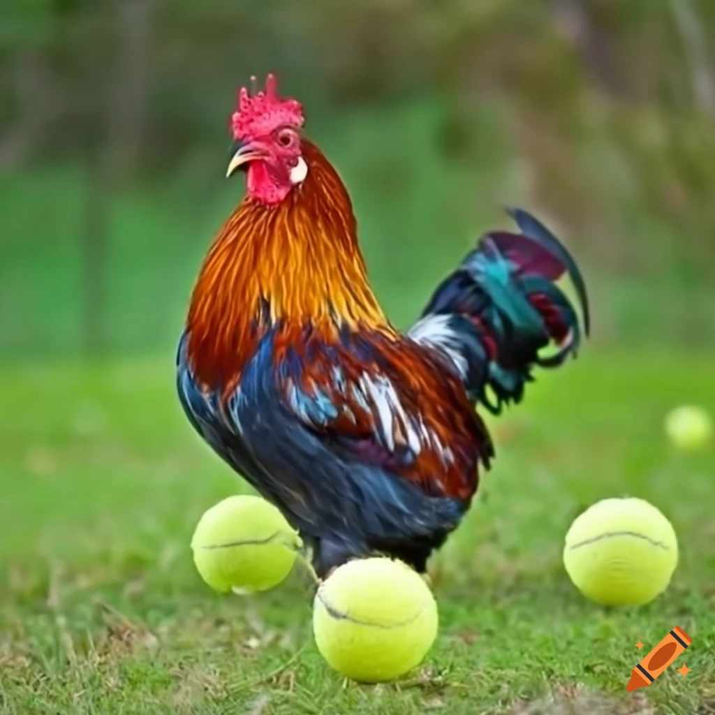 Rooster among tennis balls in a grassy field on Craiyon