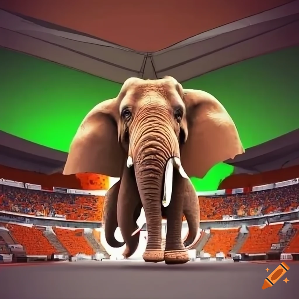 Elephant in the middle of an orange-white-green stadium with supporters