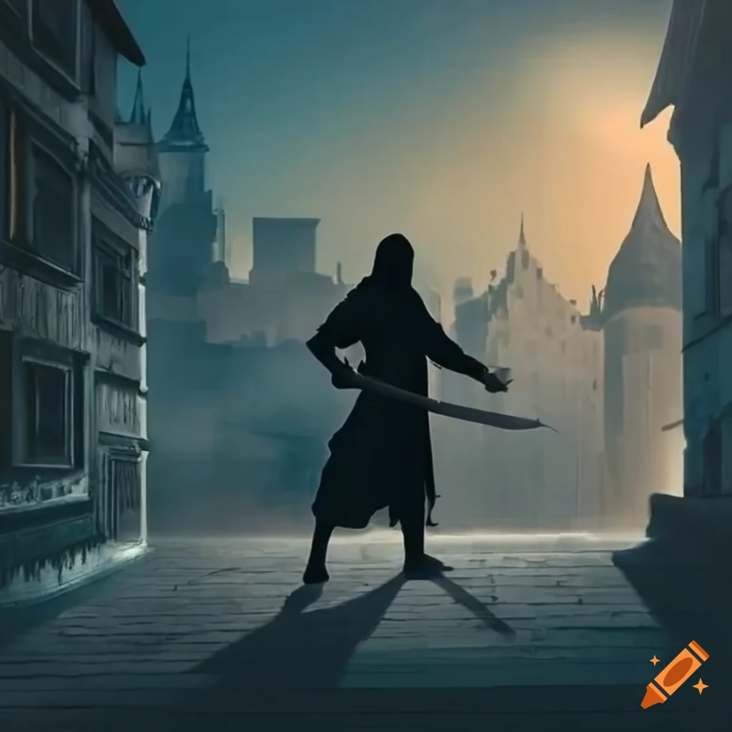 Ninja with katana blending into shadows on medieval city rooftop at night