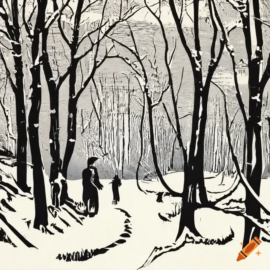 Henry david thoreau walking in winter in woodcut style on Craiyon