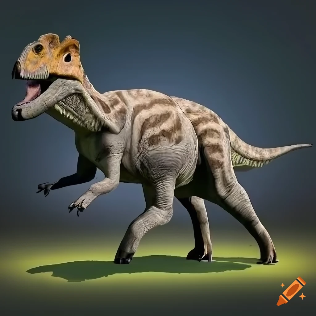 Accurate Hadrosaurus dinosaur with motley color pattern in warm morning light