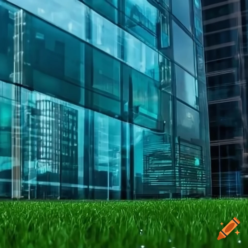 Realistic large glass office for a crypto exchange company with a "CoinFlow" sign