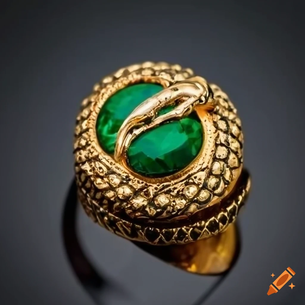 Intricately designed golden ring with a snake wrapped around a deep ...