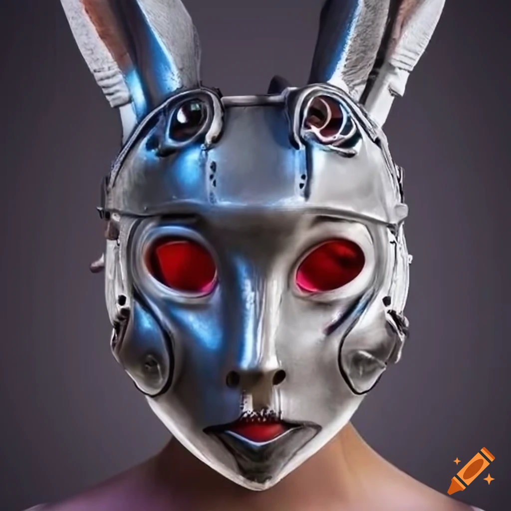 High-tech silver rabbit cybernetic mask with red eyes and voice ...