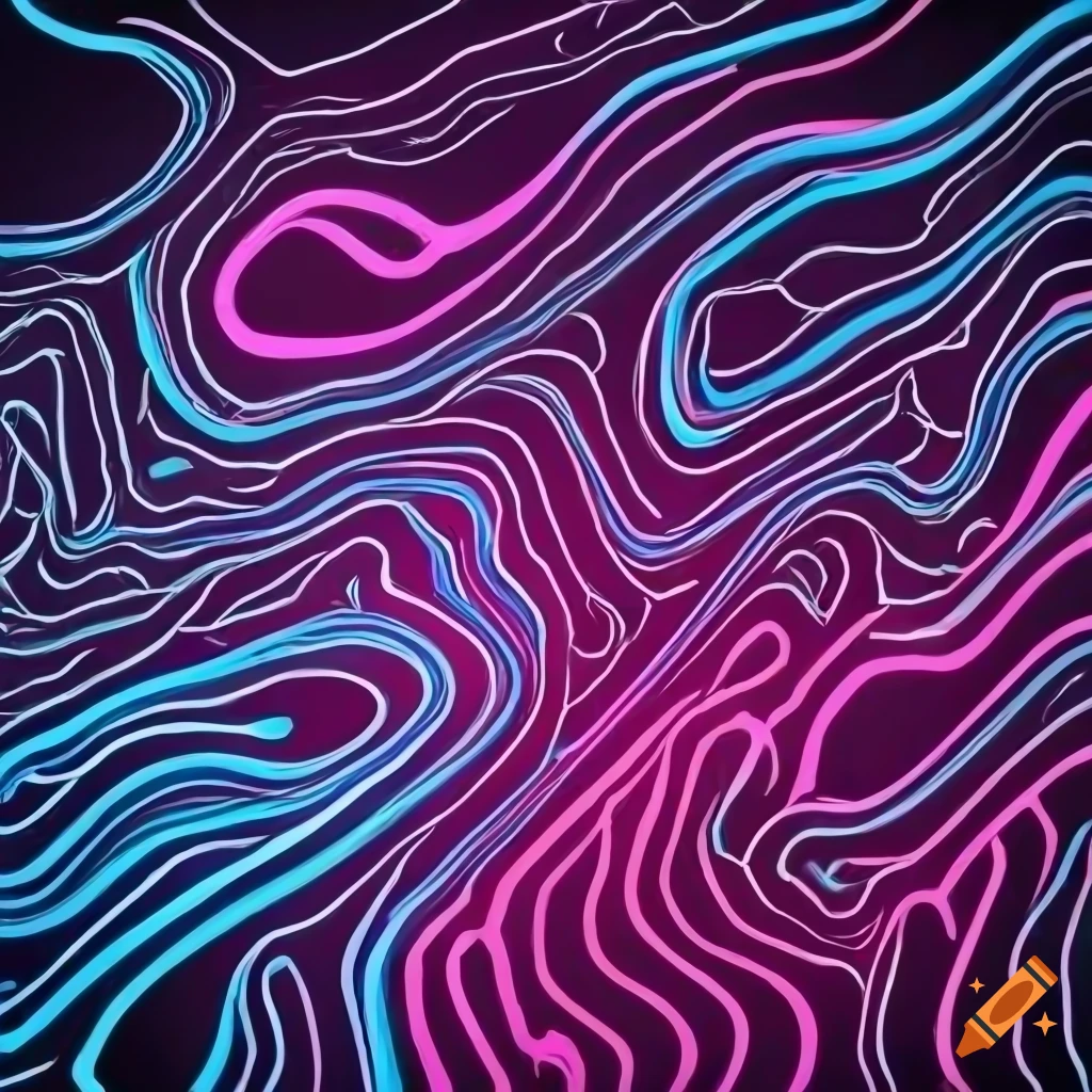 Topographic minimalistic design with neon pink and blue lines on black