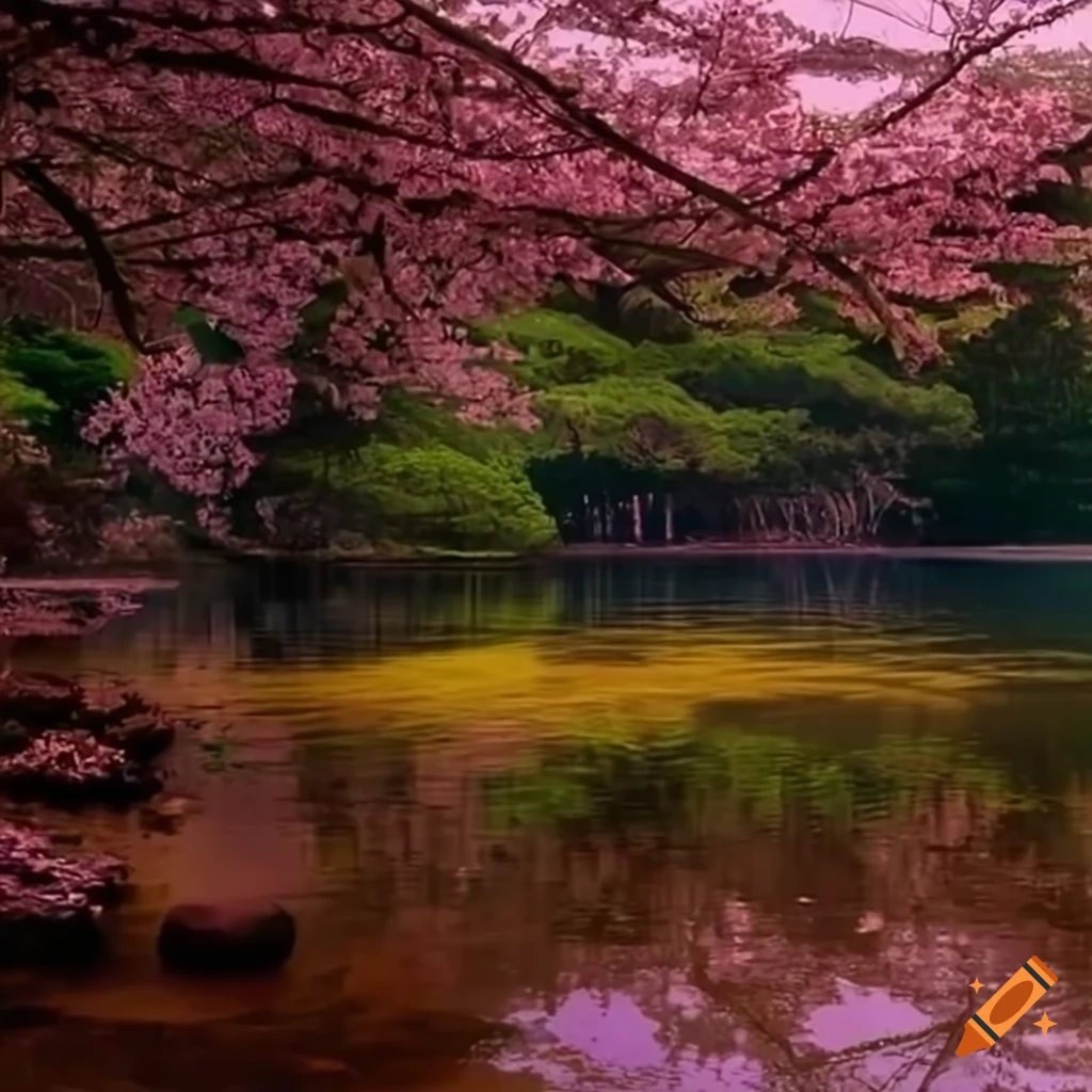Japanese cherry trees by saltwater lake on Craiyon