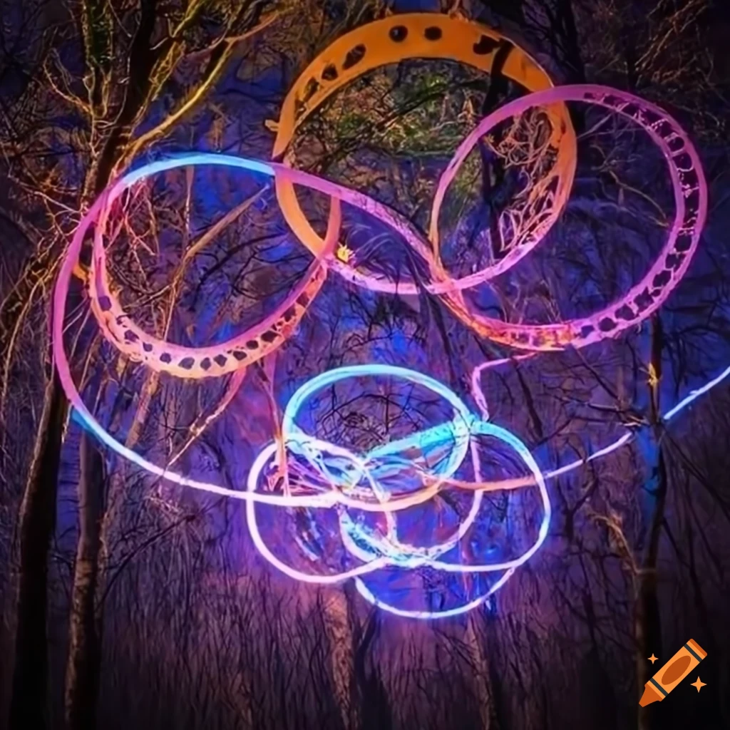 Colorful light art installation hanging between trees in a town park on