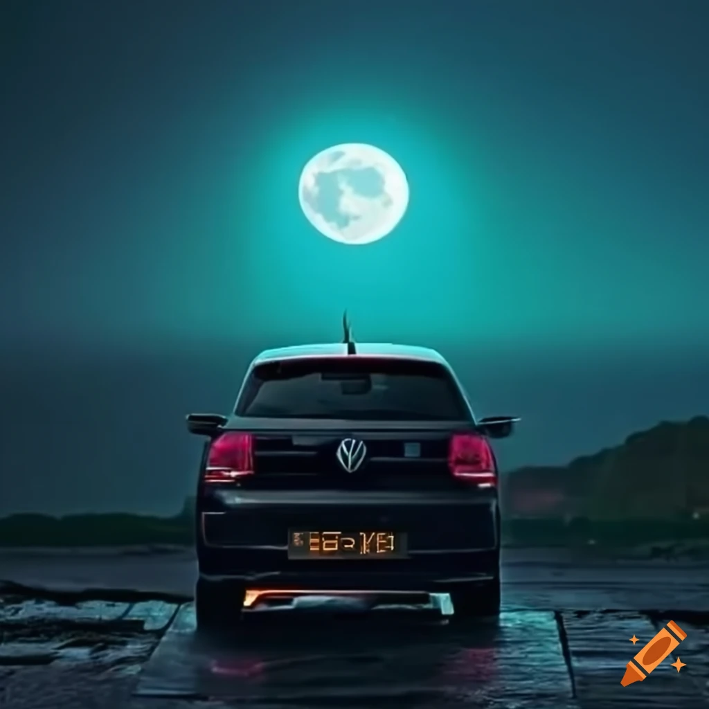 Dark rainy night with a small white moon and a parked modern black Volkswagen Polo 2015