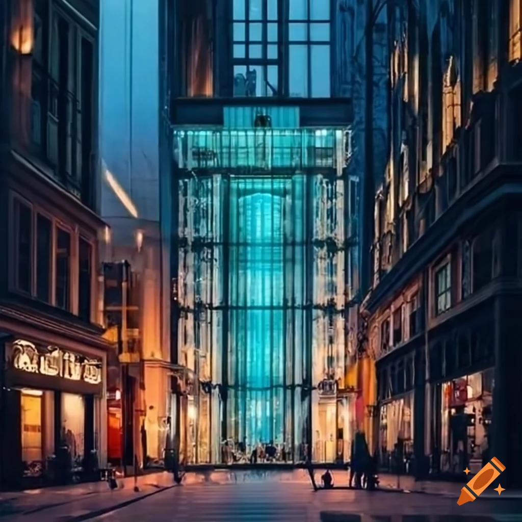Glass elevator in a shopping mall facing a historical street in the