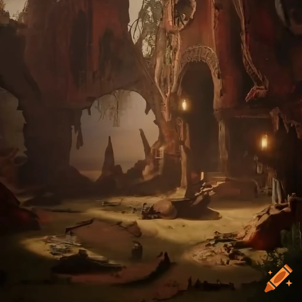 Colorful and intricate 3D rendering of a surreal landscape with bizarre creatures and warring factions