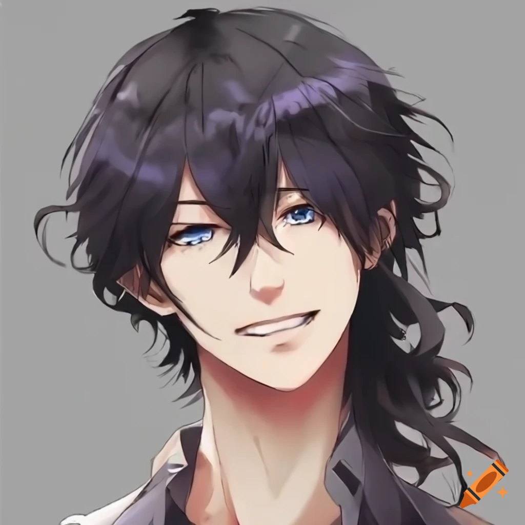 Handsome young man with wavy long black hair and striking blue eyes on ...