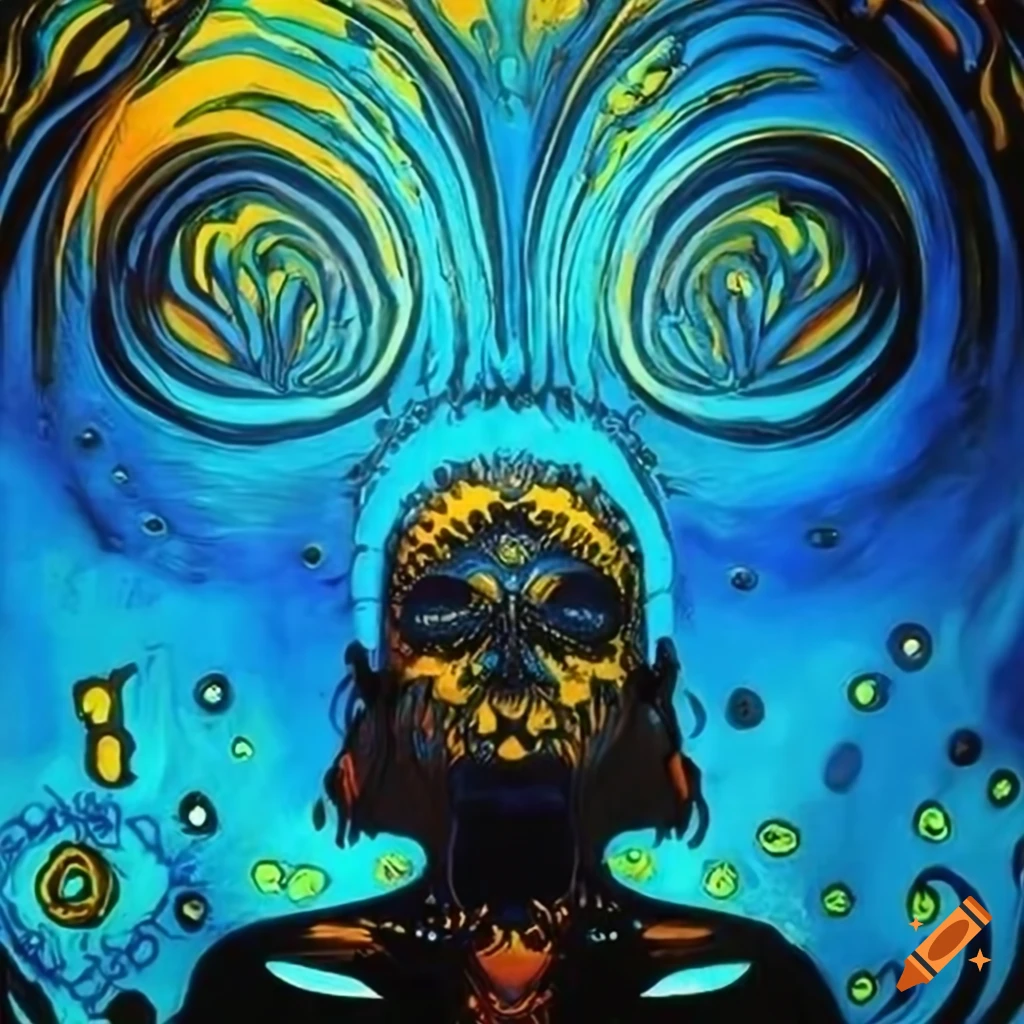 Symbiotic connection between breathwork and music inspired by indigenous art in black, white, blue, and yellow
