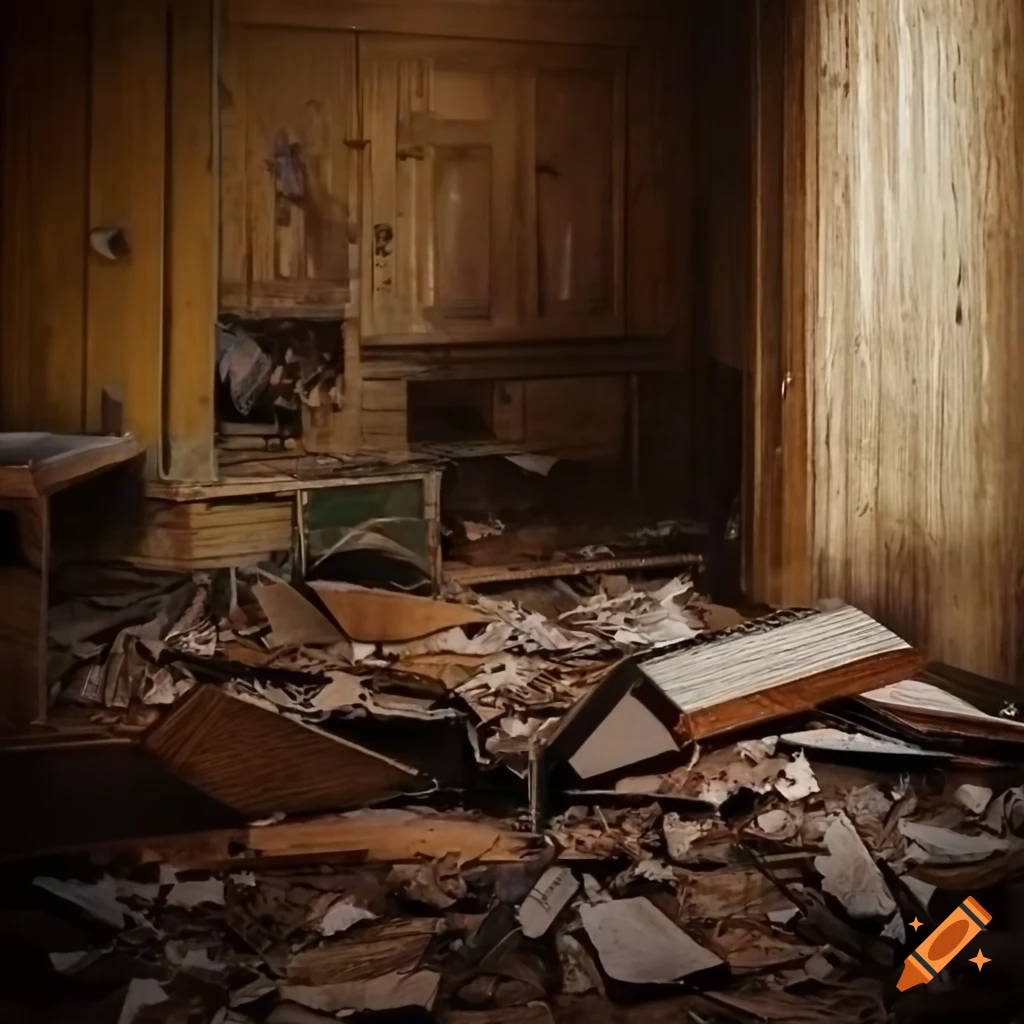 Devastated room with torn out drawers and open cupboards in realistic style