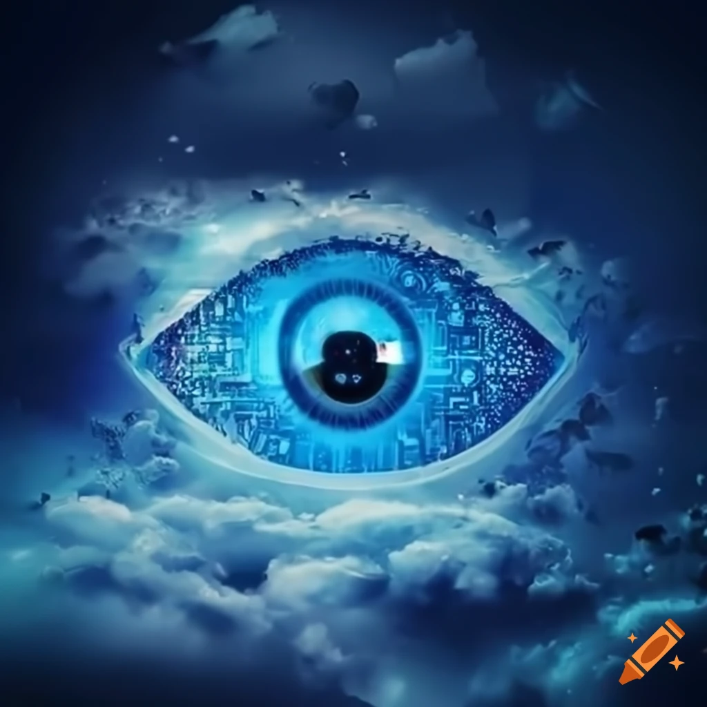 LinkedIn background with an eye representing artificial intelligence in the sky with clouds