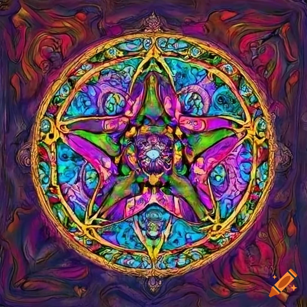Bright ornate pentacle in color drawing on Craiyon