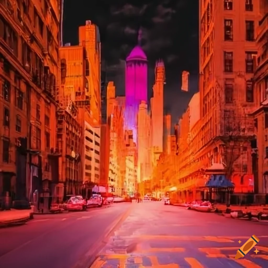 Pastel watercolor depiction of New York City with orange and pink hues