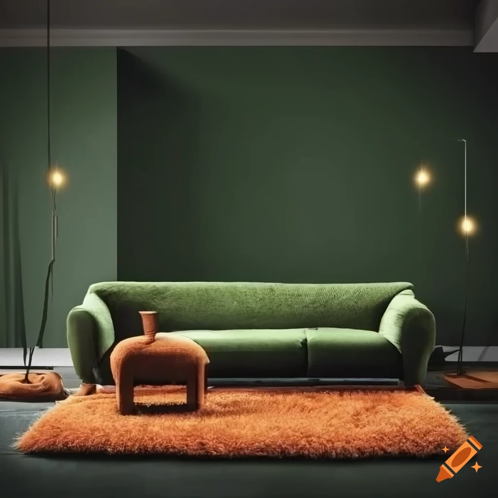 Tall living room with orange shag rug, olive green ushaped couch, and track lights on Craiyon