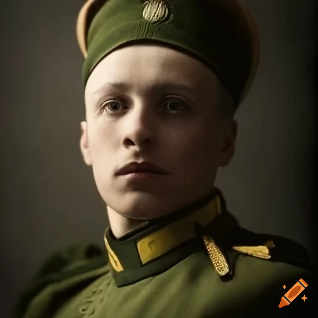 Closeup of a russian soldier in uniform with a serious expression on