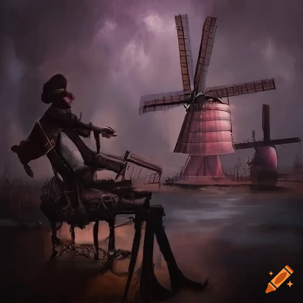 Don Quixote Battling Windmills In A Cyberpunk World With A Steampunk don-quixote-battling-windmills-in-a-cyberpunk-world-with-a-steampunk
