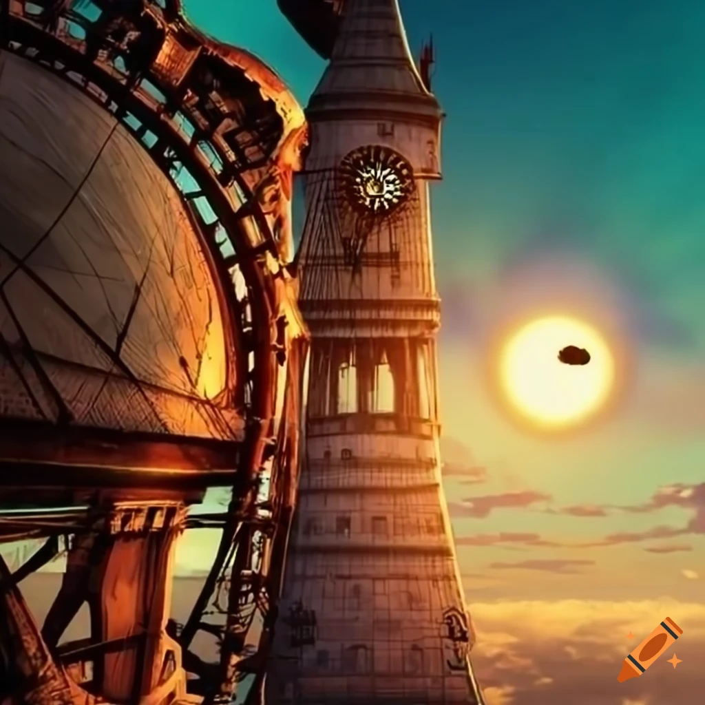 View from a flying ship above the clouds with steampunk towers in the distance