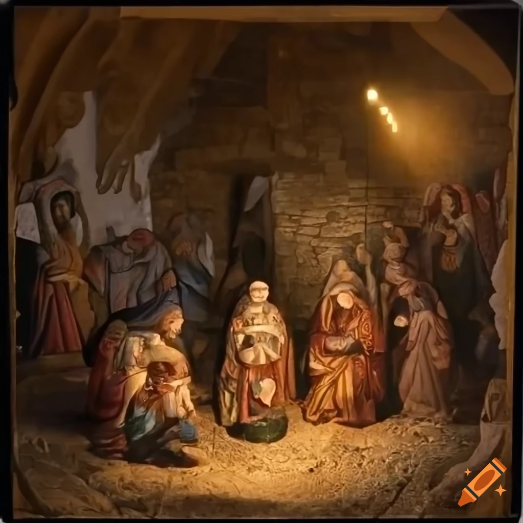 Bethlehem nativity scene with mother of God, baby in crèche, man, and kings