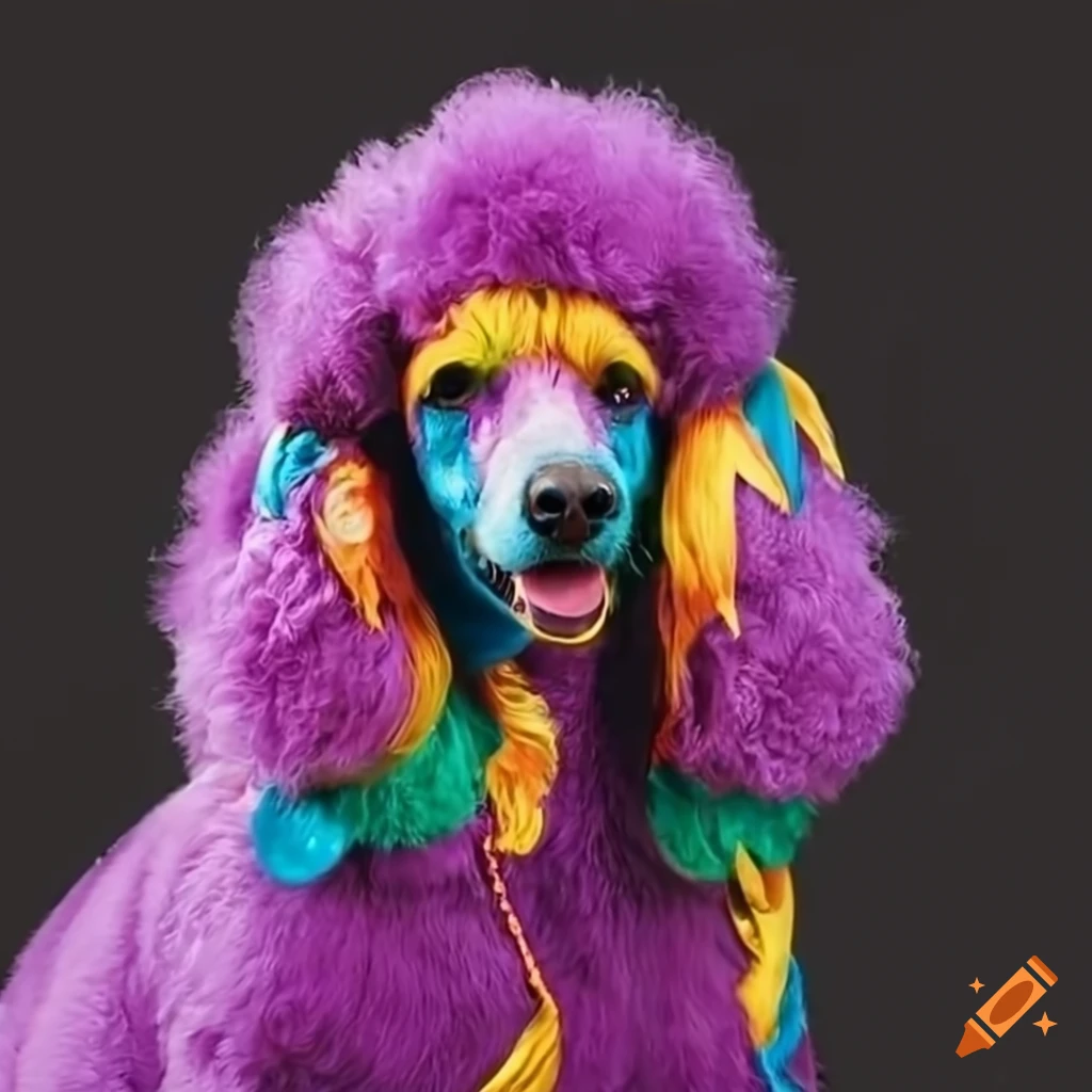 Fluffy standard poodle in colorful mardi gras costume on Craiyon