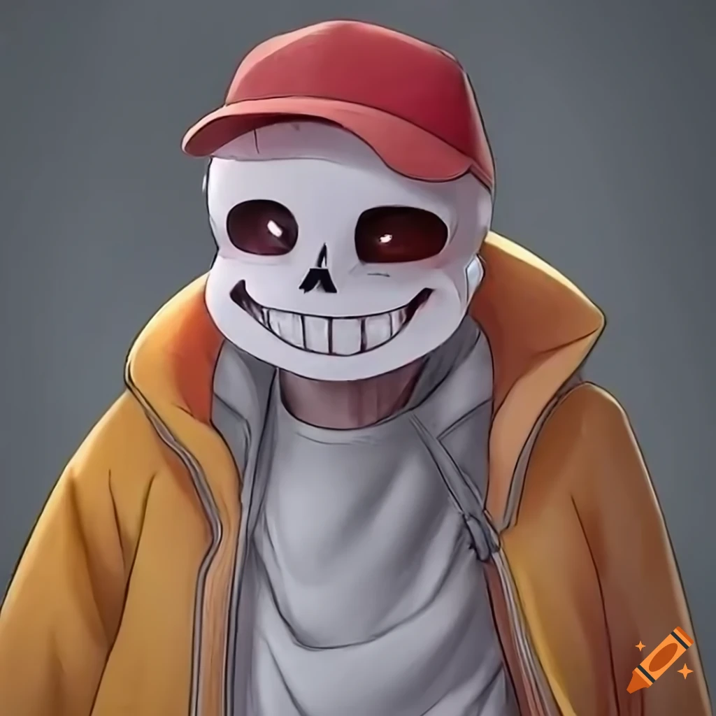 Close-up portrait of Undertale Sans fanart wearing orange jacket, white shirt, and red baseball cap