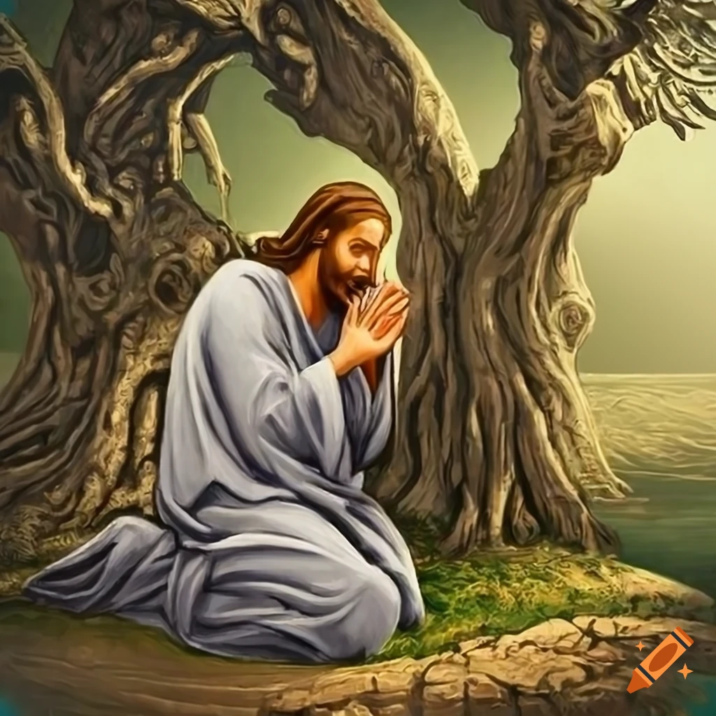 Christian artwork of jesus praying in the garden of gethsemane near an