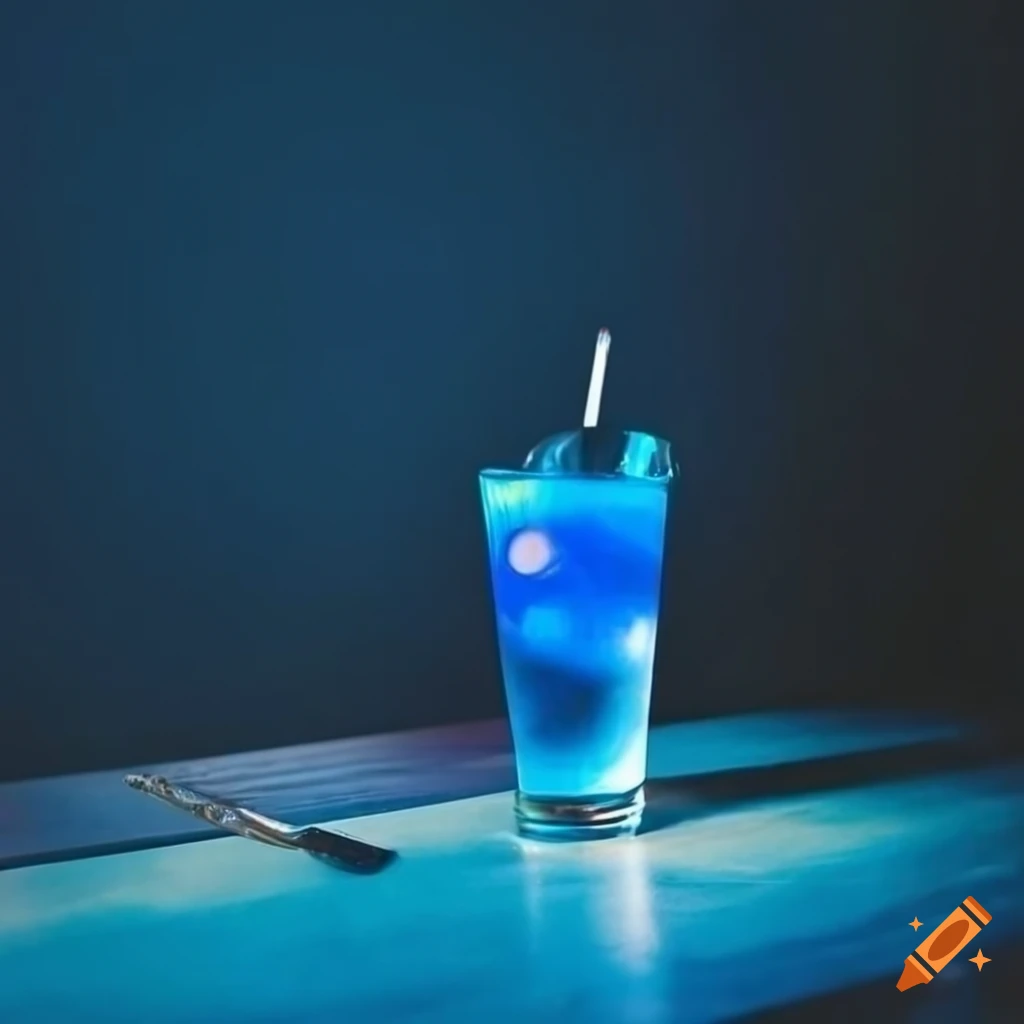 Blue carbonated drink with candy on a table in a moody blue setting