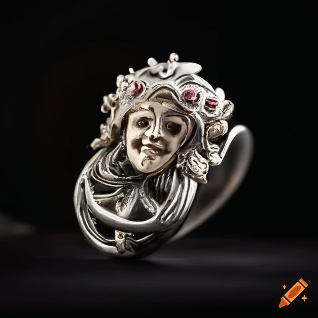 Elegant silver ring with playful jester and solemn statue design