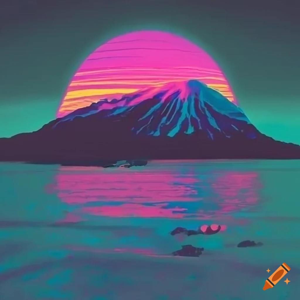 Volcano at sunset in 1980s vaporwave art style on Craiyon