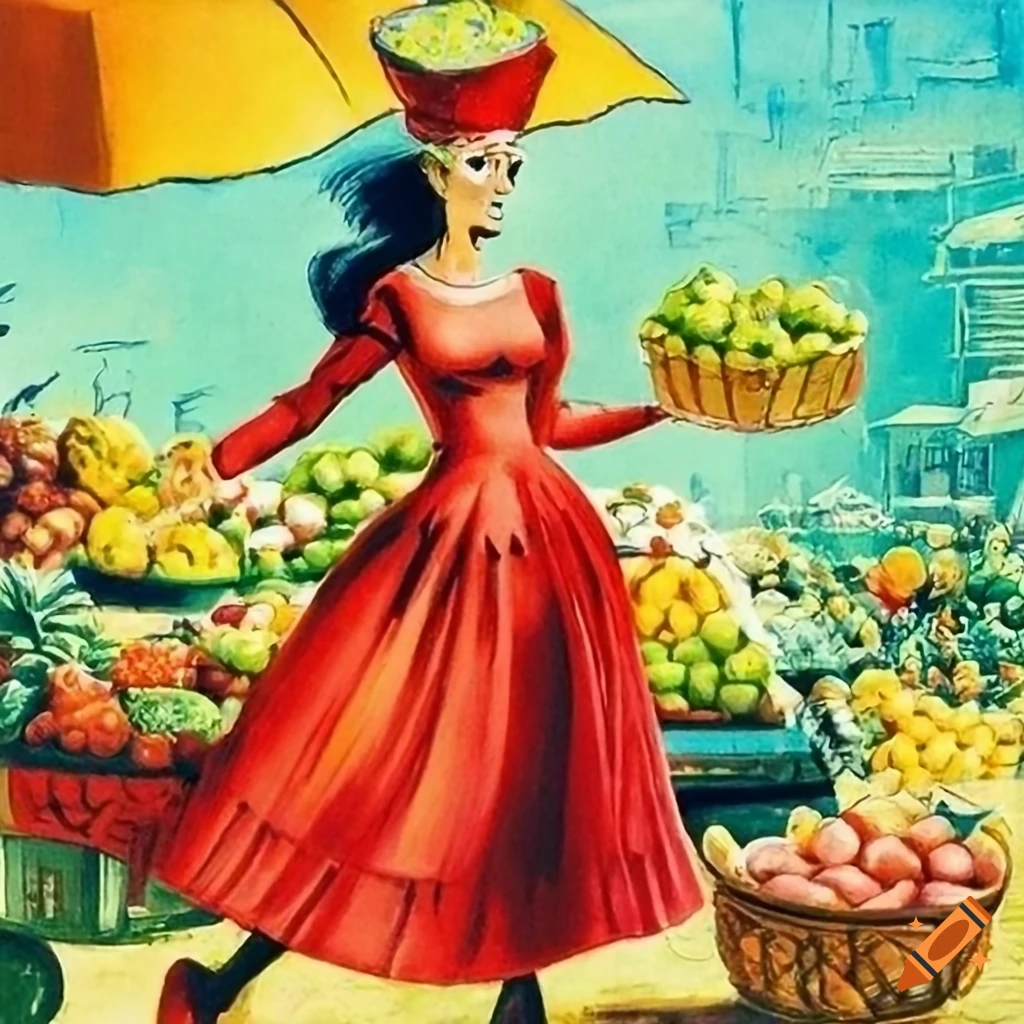 Colorful humorous book illustration of a woman negotiating with a fruit merchant in a market