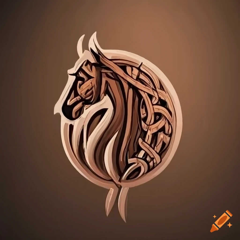 Intricate viking style horse head logo in copper tones on Craiyon