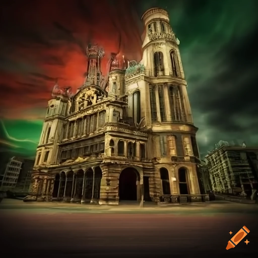 Steampunk cityscape with renaissance style in green, red, and golden ...