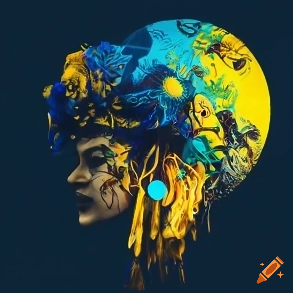 Symbiotic connection between breathwork and music inspired by indigenous art in black, white, blue, and yellow