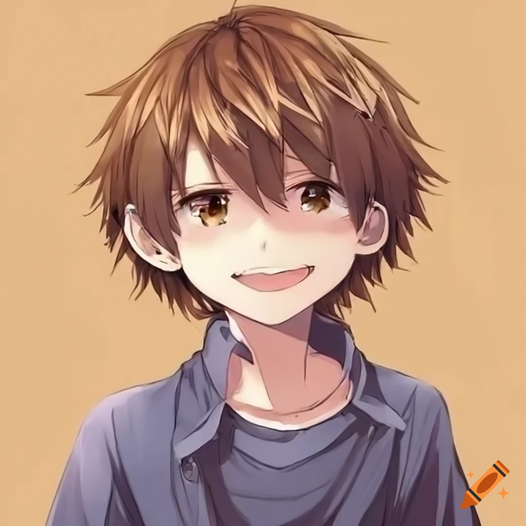 Happy smiling anime boy with light brown hair and fancy clothing