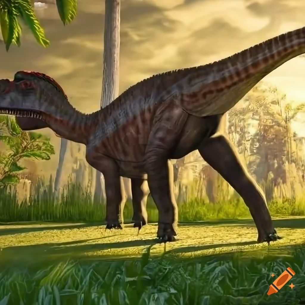 Colorful hadrosaurus dinosaur in wild environment with morning light on ...