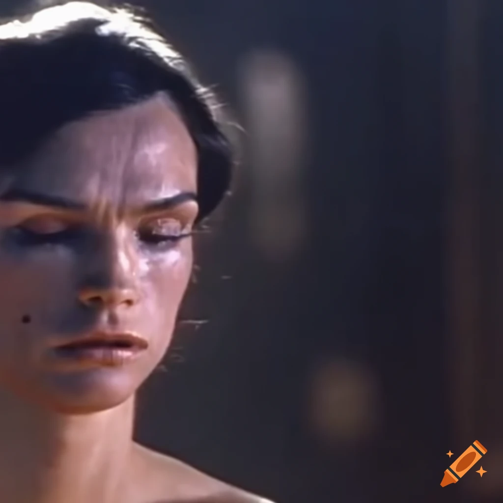 Bruised female martial arts fighter performing a dizzy headspin in an 80s movie screencap on Craiyon