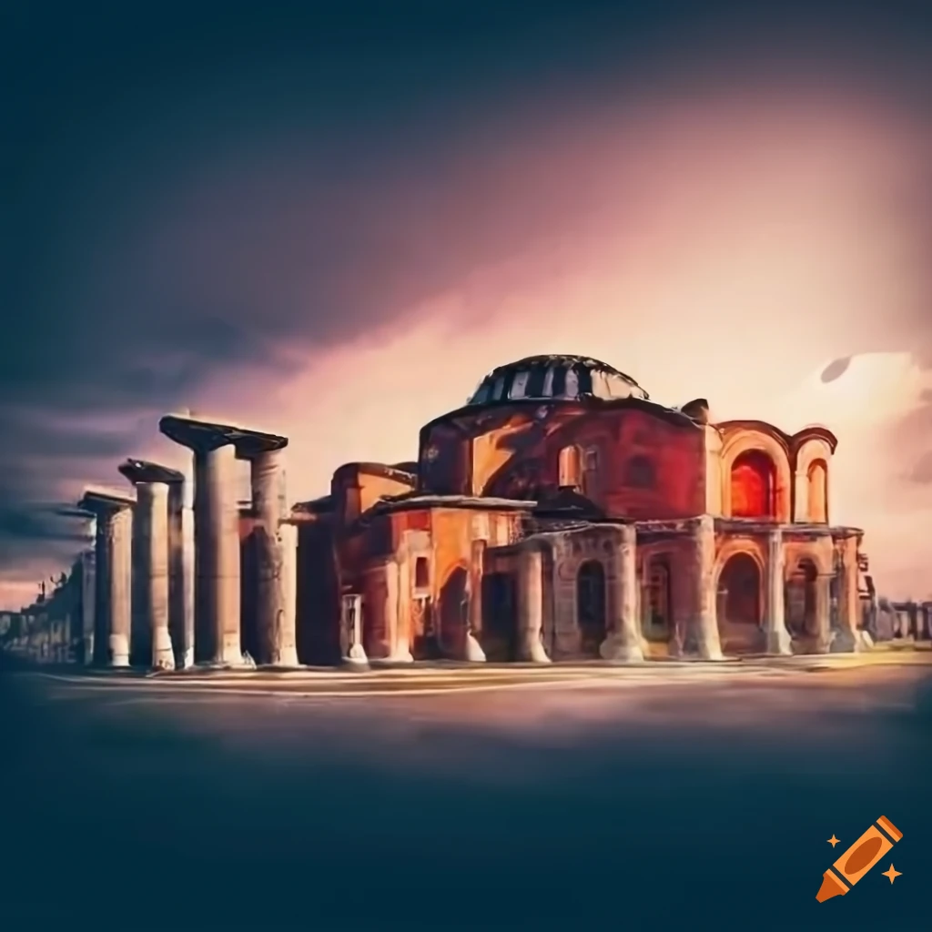 Exterior of a grand Byzantine church with Roman columns in ultra-realistic quality