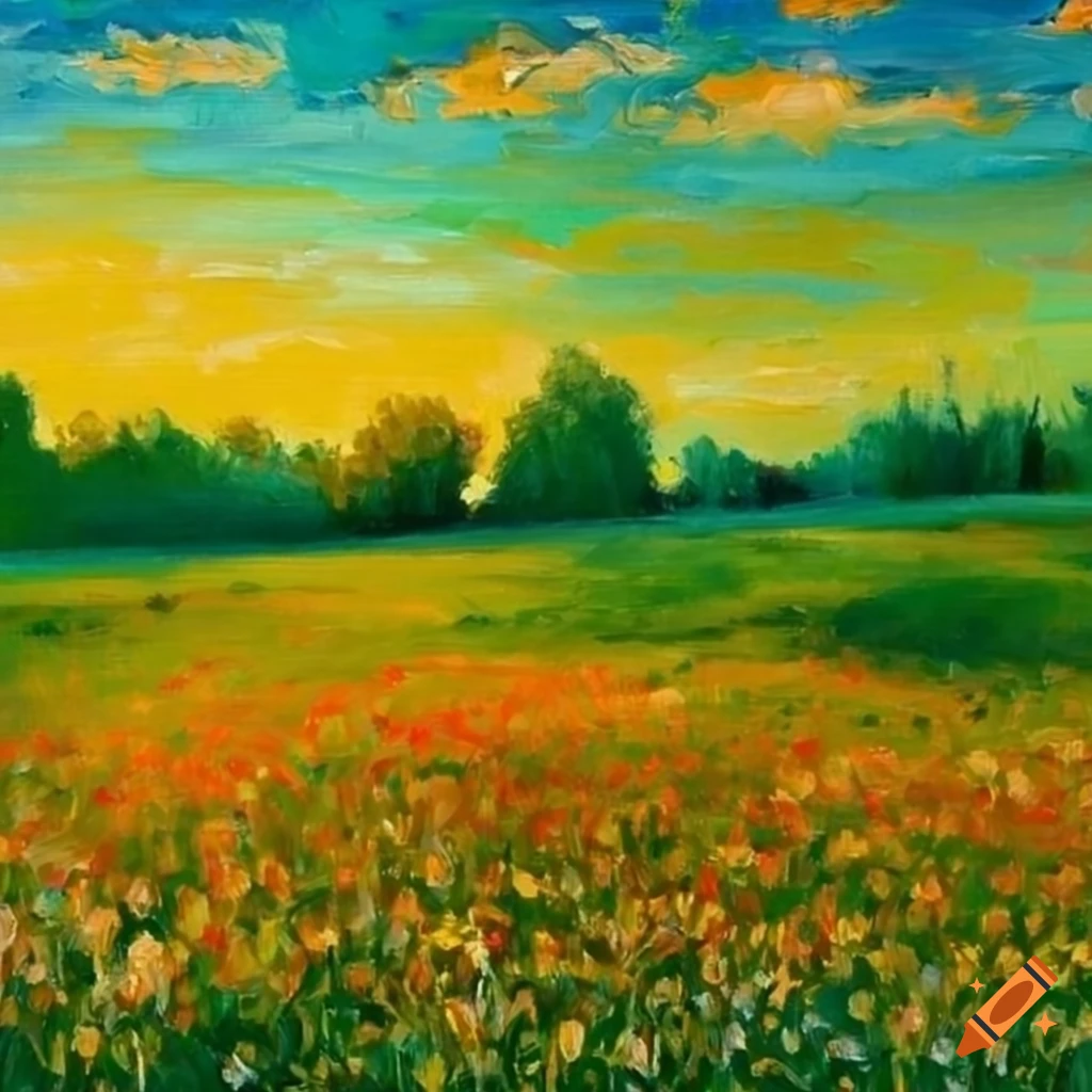 Sun-kissed field blooming with flowers and green grass in a masterful ...