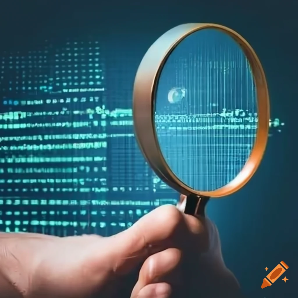 Person holding a magnifying glass examining data on a computer screen