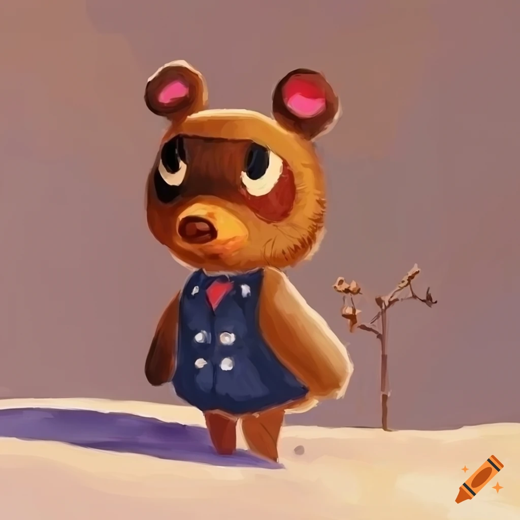 Tom Nook playing on a snowy hill in a painting